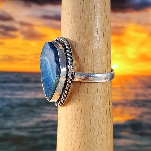 Blue Agate Gemstone Sterling Silver Plated Ring Size 9 - Picture 5 of 10